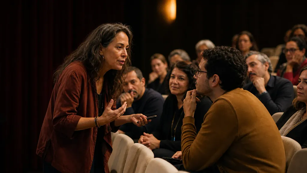 Una facilitadora conversa con el público en un auditorio