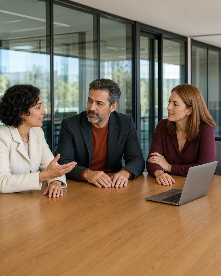 Tres profesionales distintos conversan en una sala empresarial con un portátil abierto a un lado