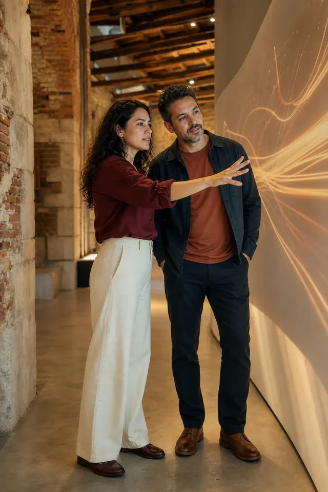 Dos profesionales exploran juntos una instalación tecnológica interactiva