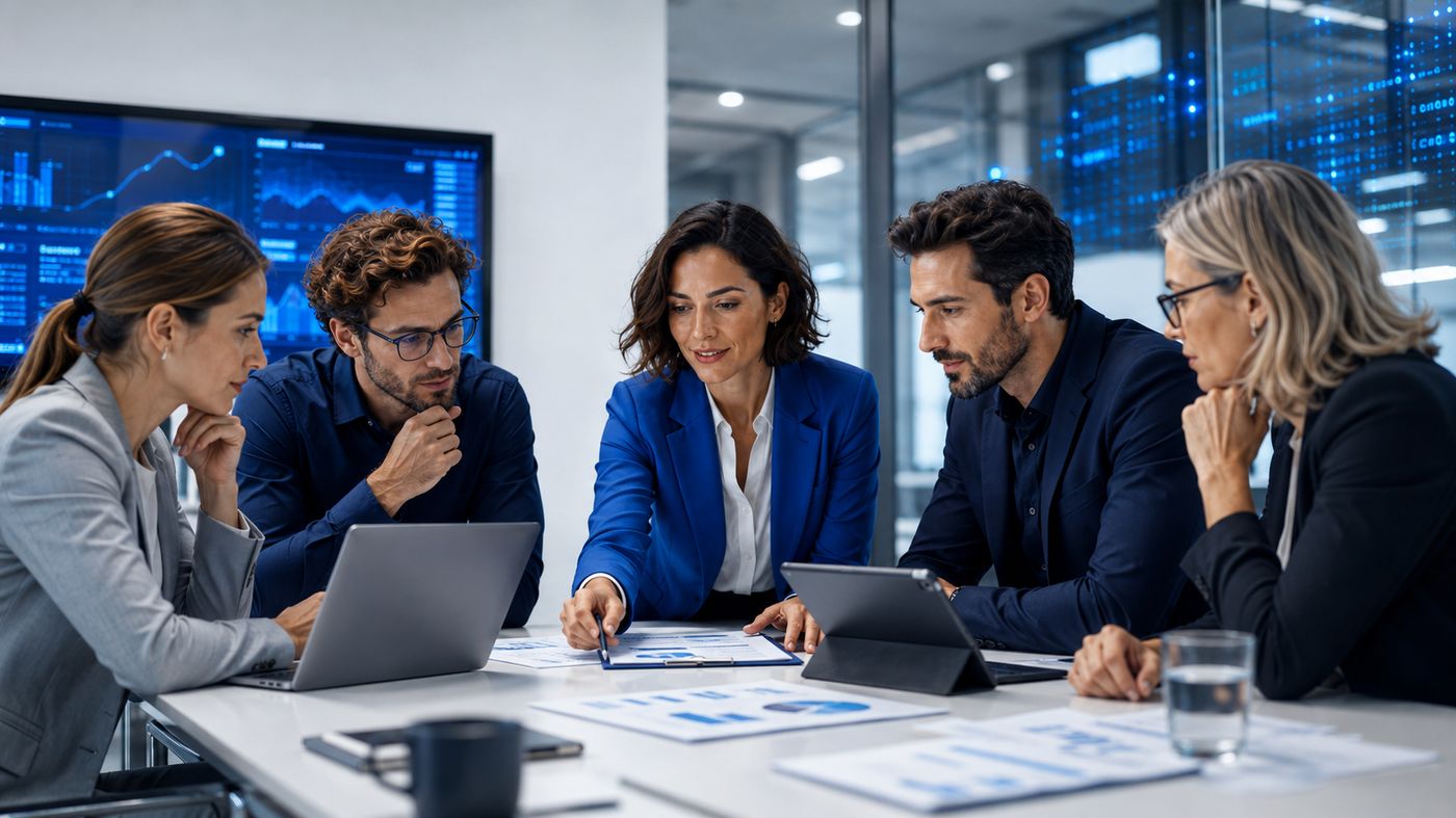 Equipo analizando datos y procesos durante el rediseño organizativo con IA